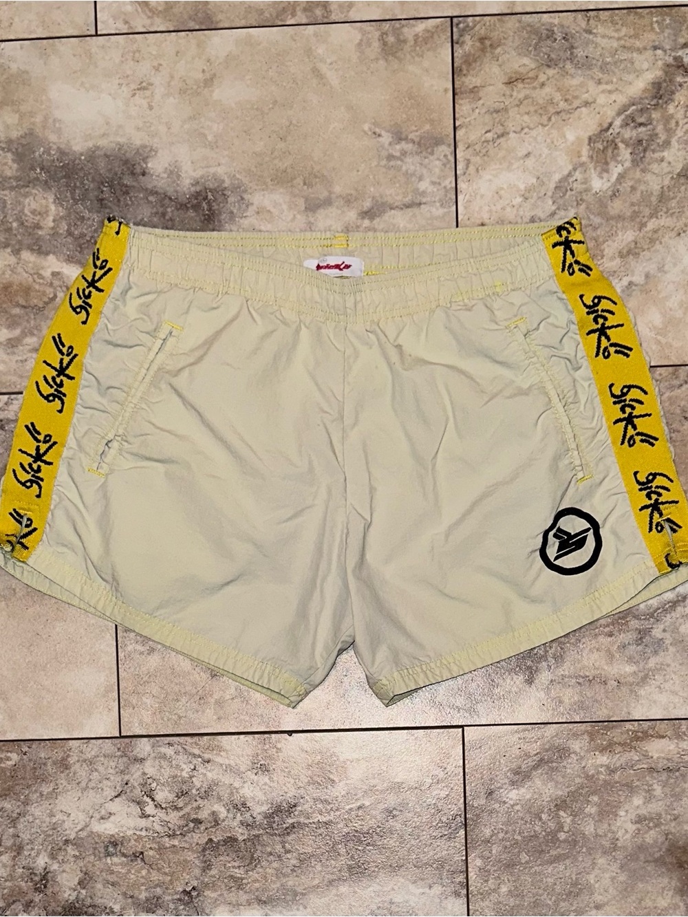 Sicko Born From Pain Logo Tape Nylon Summer Shorts Yellow Cream